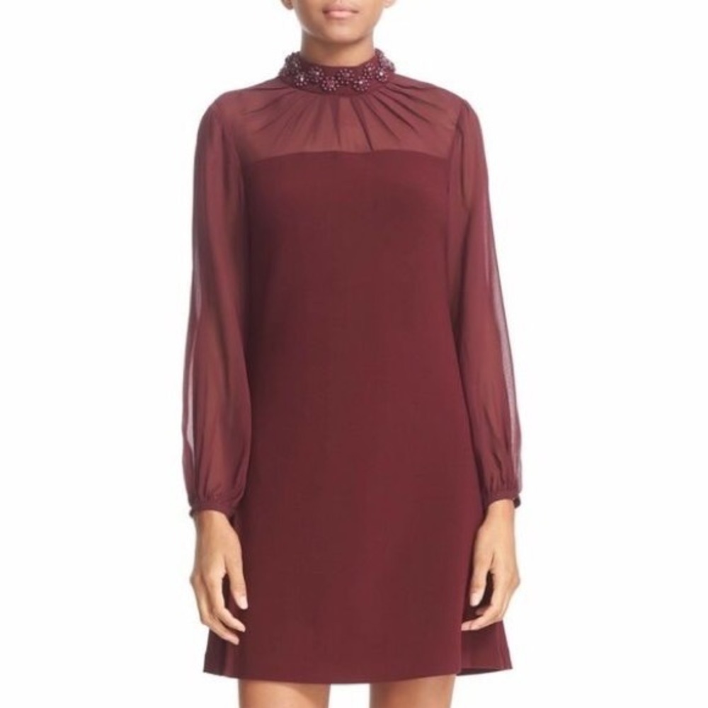 Ted Baker Cacey Embellished Neck Sheer Long Sleeve Maroon Sheath Dress